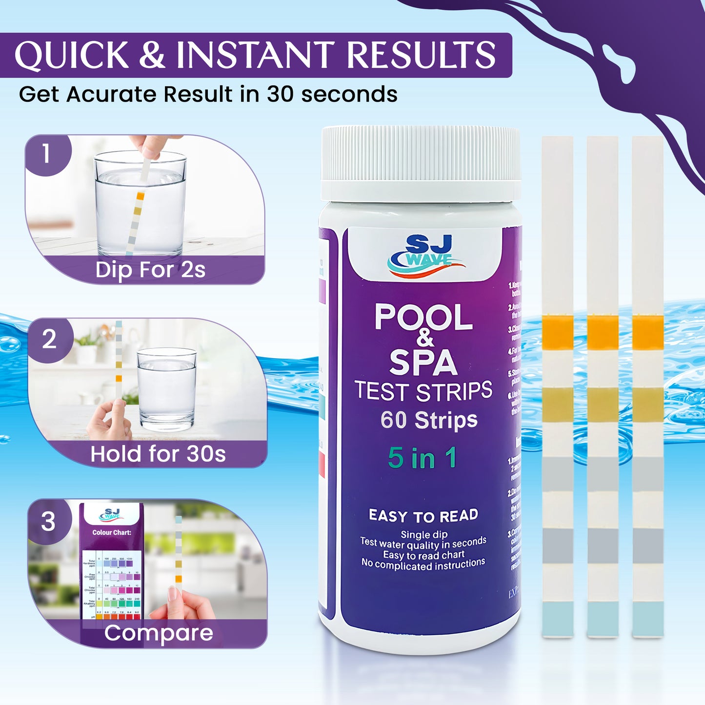 5 in 1 Pool & Spa Test Strips - Pool Water Testing Kit Hot Tub Test Strips Detects PH, Free Chlorine, Total Chlorine, Total Hardness, & Total Alkalinity | 60 Pool Testing Strips In Six Sealable bags