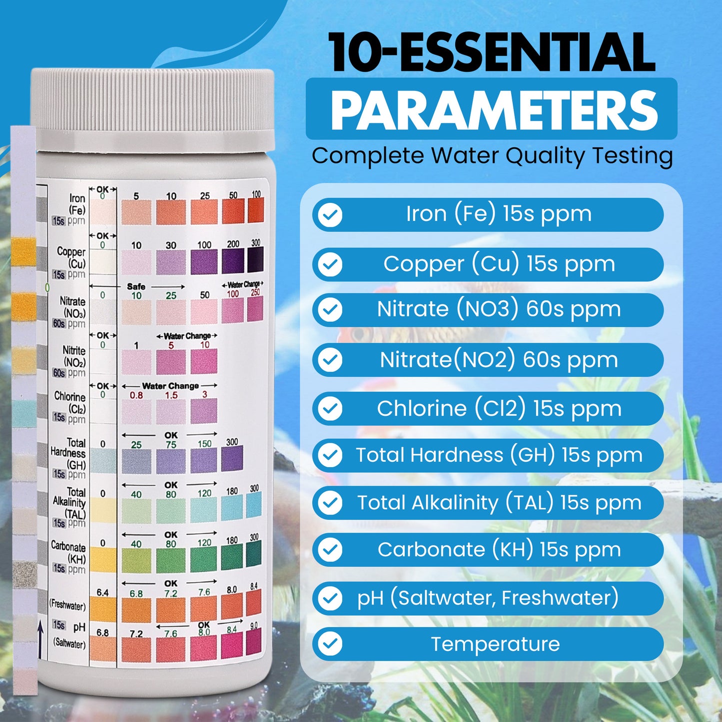 Aquarium Water Test Kit – 10-in-1 Strips (100) with Thermometer