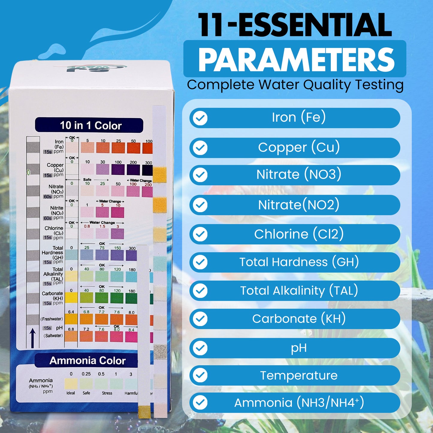 11 in 1 Aquarium Test Strips - Fish Tank Water Testing Kit with Ammonia Test Strips for Fish Tank (150 Strips) & eBook | Includes 50 Ammonia Strips, Thermometer, & Test Kit for Ponds & All Fish Tanks