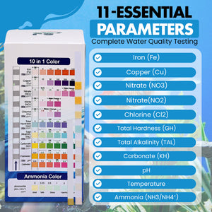 11 in 1 Aquarium Test Strips - Fish Tank Water Testing Kit with Ammonia Test Strips for Fish Tank (150 Strips) & eBook | Includes 50 Ammonia Strips, Thermometer, & Test Kit for Ponds & All Fish Tanks