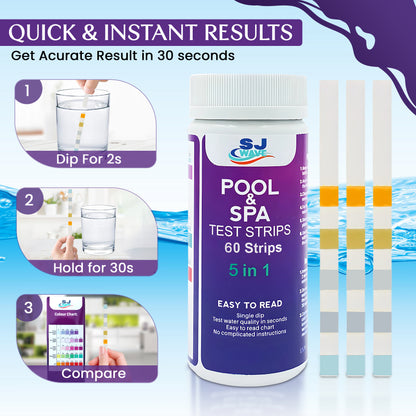 5 in 1 Pool & Spa Test Strips - Pool Water Testing Kit Hot Tub Test Strips Detects PH, Free Chlorine, Total Chlorine, Total Hardness, & Total Alkalinity | 60 Pool Testing Strips In Six Sealable bags