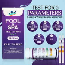 Load image into Gallery viewer, 5 in 1 Pool &amp; Spa Test Strips - Pool Water Testing Kit Hot Tub Test Strips Detects PH, Free Chlorine, Total Chlorine, Total Hardness, &amp; Total Alkalinity | 60 Pool Testing Strips In Six Sealable bags
