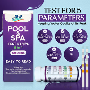 5 in 1 Pool & Spa Test Strips - Pool Water Testing Kit Hot Tub Test Strips Detects PH, Free Chlorine, Total Chlorine, Total Hardness, & Total Alkalinity | 60 Pool Testing Strips In Six Sealable bags