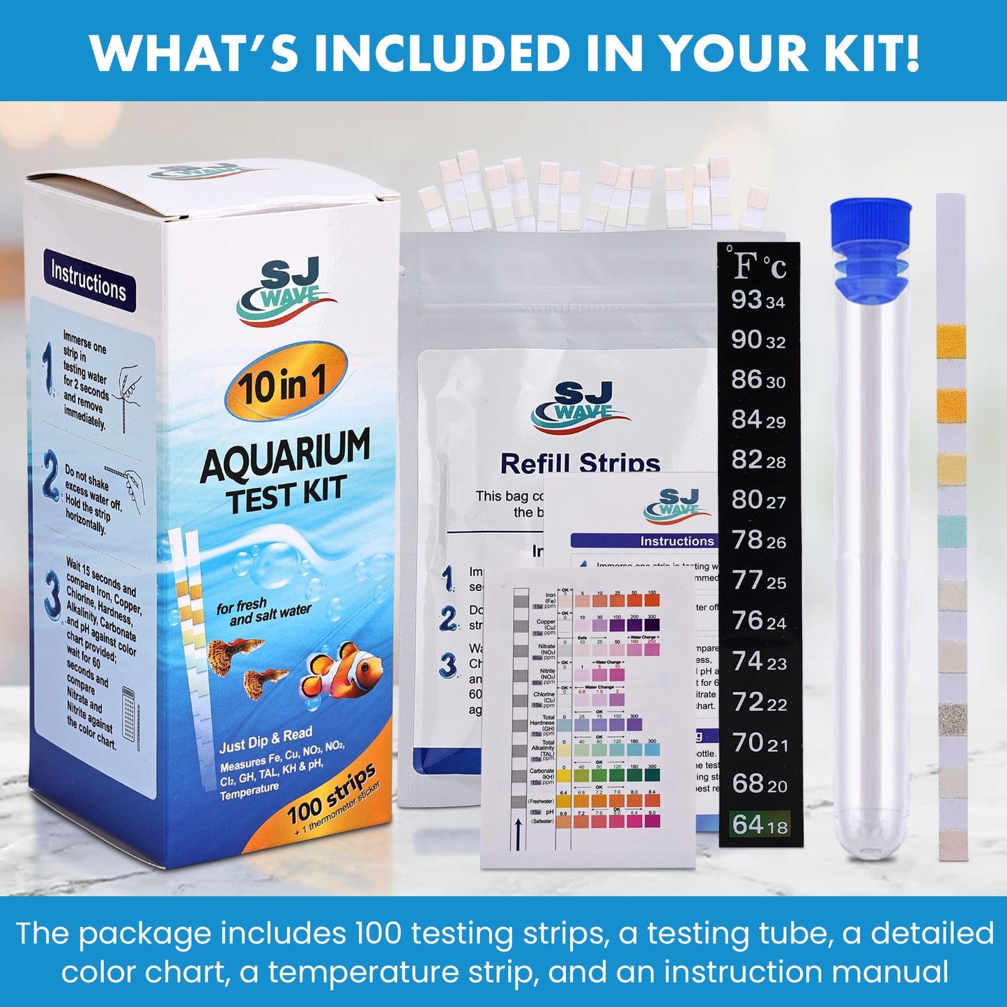 Aquarium Water Test Kit – 10-in-1 Strips (100) with Thermometer