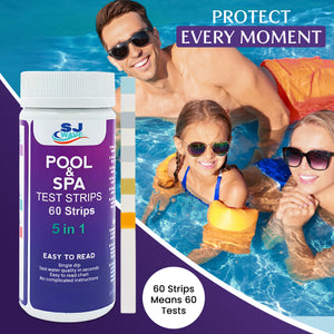5 in 1 Pool & Spa Test Strips - Pool Water Testing Kit Hot Tub Test Strips Detects PH, Free Chlorine, Total Chlorine, Total Hardness, & Total Alkalinity | 60 Pool Testing Strips In Six Sealable bags