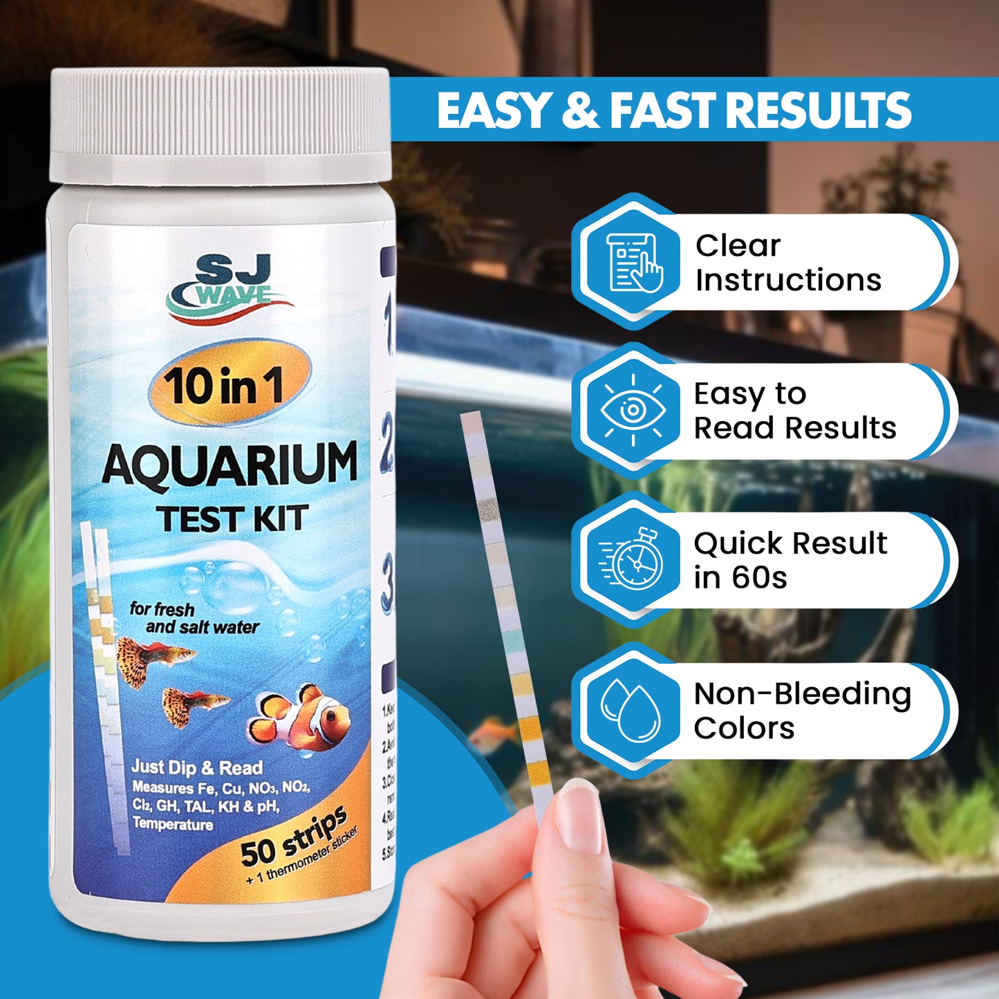 Aquarium Water Test Kit – 10-in-1 Strips (100) with Thermometer