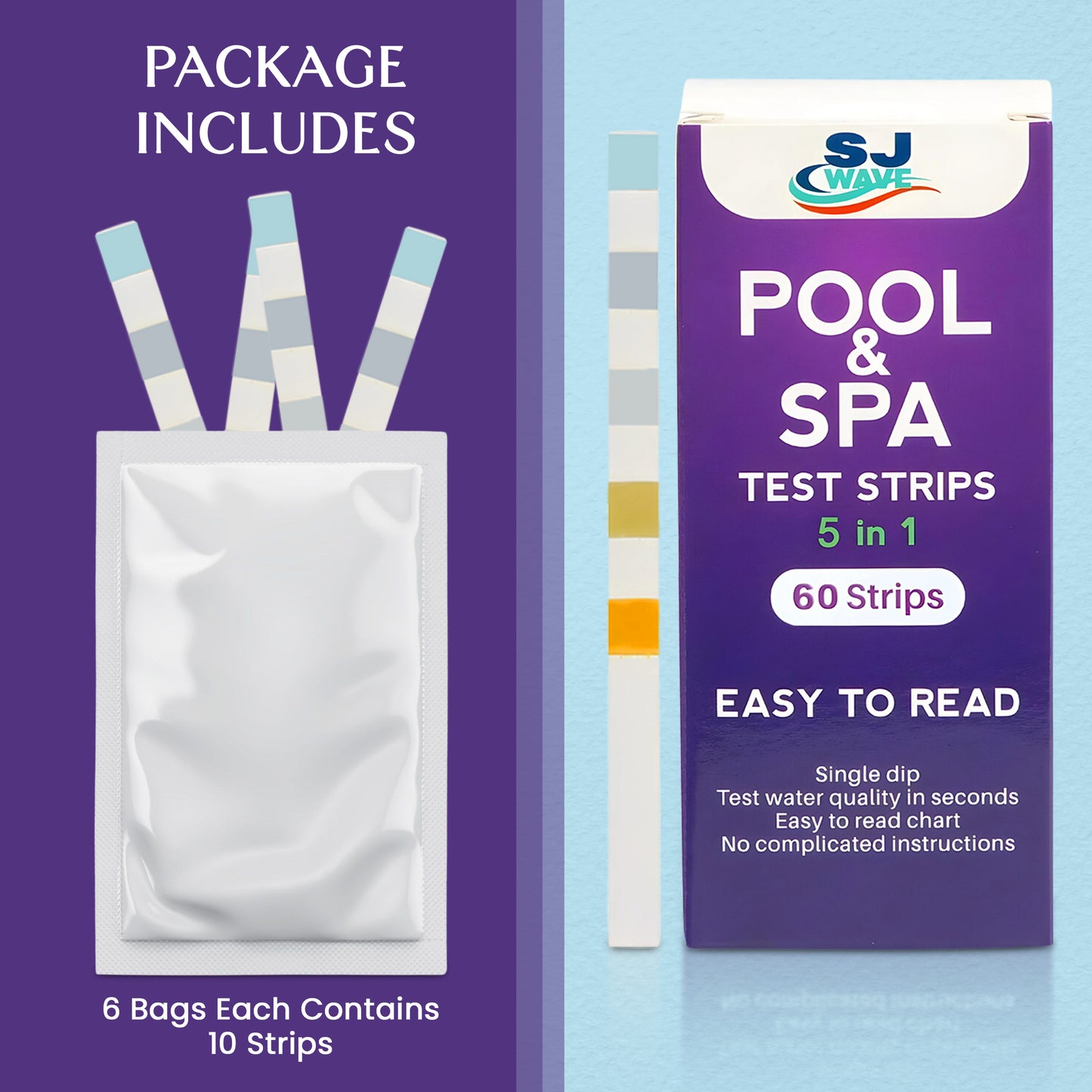 5 in 1 Pool & Spa Test Strips - Pool Water Testing Kit Hot Tub Test Strips Detects PH, Free Chlorine, Total Chlorine, Total Hardness, & Total Alkalinity | 60 Pool Testing Strips In Six Sealable bags