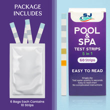 Load image into Gallery viewer, 5 in 1 Pool &amp; Spa Test Strips - Pool Water Testing Kit Hot Tub Test Strips Detects PH, Free Chlorine, Total Chlorine, Total Hardness, &amp; Total Alkalinity | 60 Pool Testing Strips In Six Sealable bags
