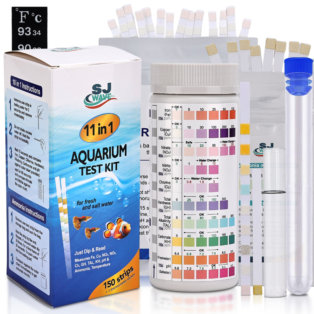 11 in 1 Aquarium Test Strips - Fish Tank Water Testing Kit with Ammonia Test Strips for Fish Tank (150 Strips) & eBook | Includes 50 Ammonia Strips, Thermometer, & Test Kit for Ponds & All Fish Tanks
